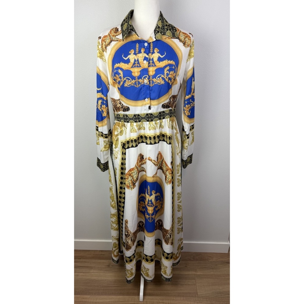 VICKY‎ AND LUCAS LONG SLEEVED White W/ ORNAMENTAL GOLD/Blue DRESS SIZE Large